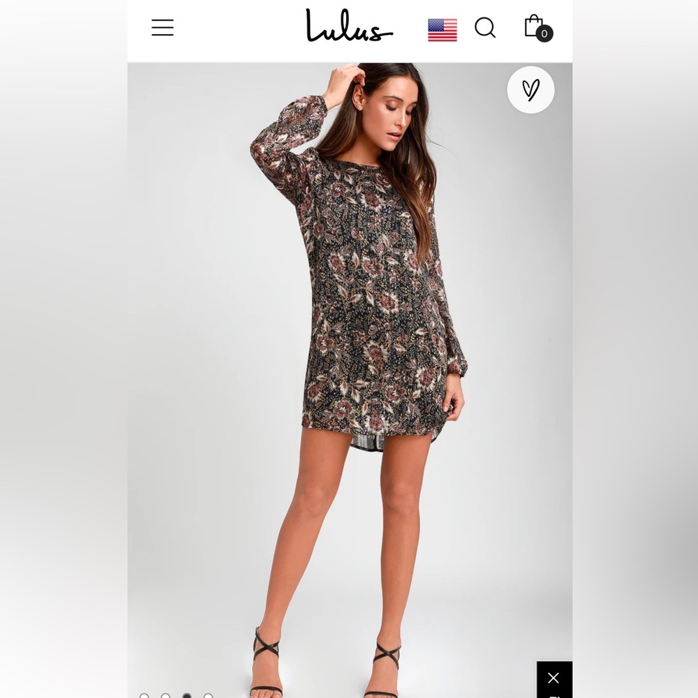 Lulus Ashford Black Floral Print Long Sleeve Lined Metallic Thread Shift Dress S